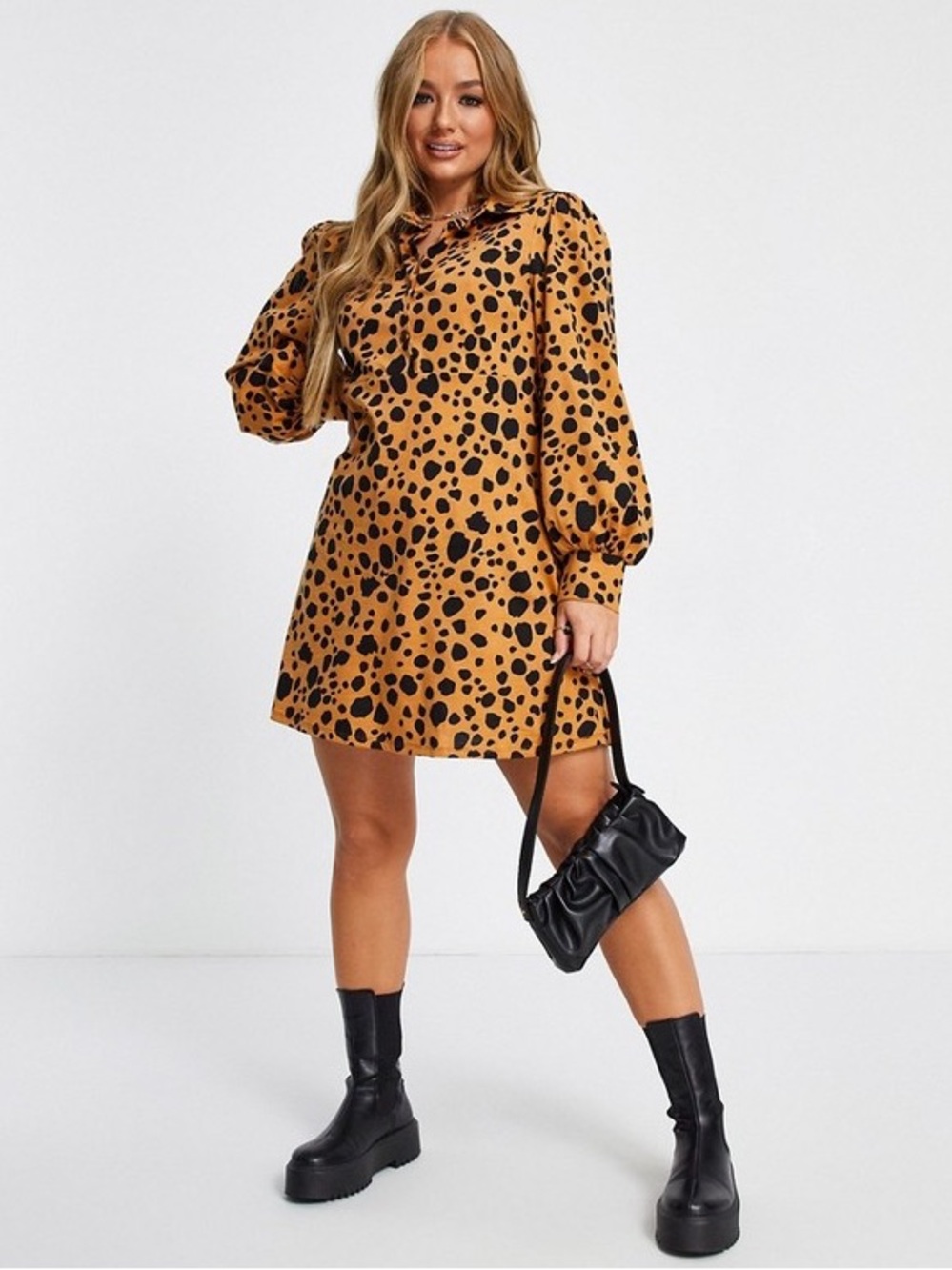 ASOS Curve Tan Leopard Print Long Sleeve Shift Dress